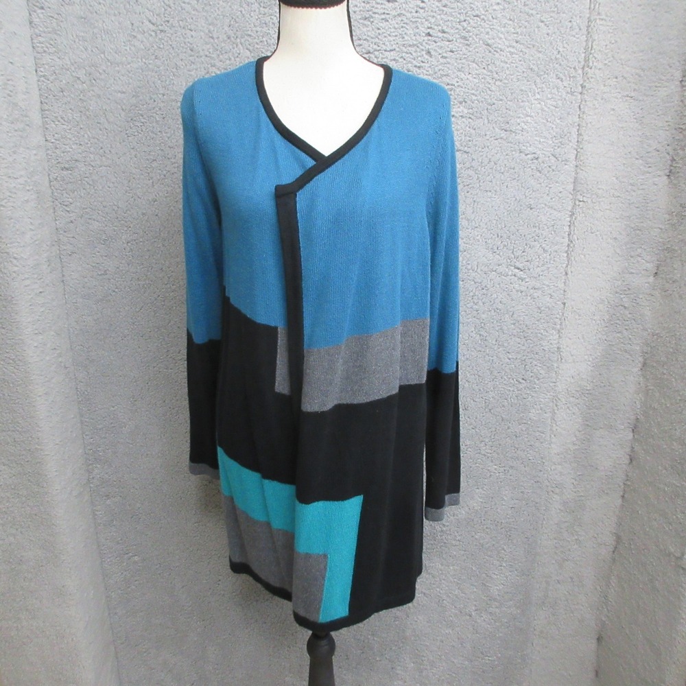 J Jill Longline Cardigan Sweater Women S Blue Colorblock Officecore Modern Art